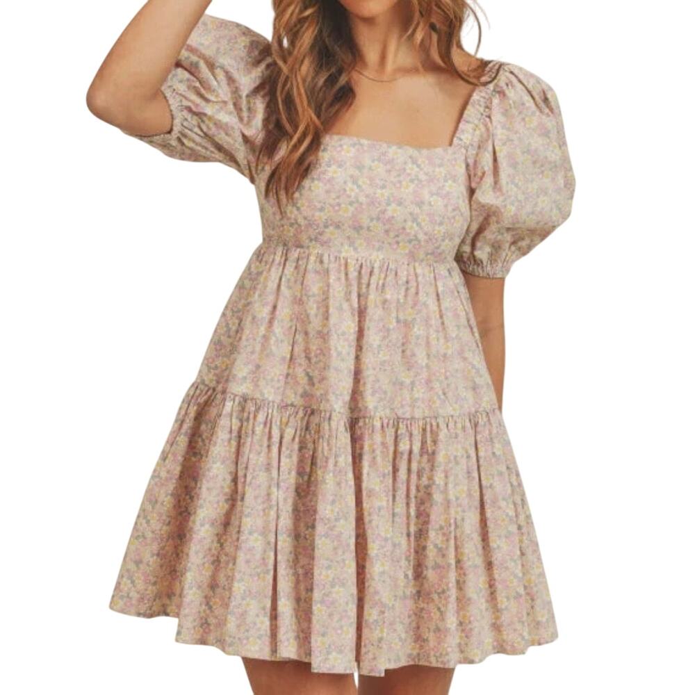 NWT Mable Pretty n Pink Floral Puff Sleeve Backless Babydoll Mini Dress Size M